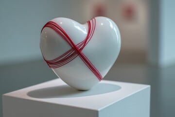 Minimalist 3D heart sculpture with a thin red string wrapped tightly around it symbolizing emotional tension or pressure clean pedestal soft shadows and glow