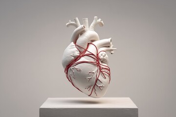 Minimalist 3D heart sculpture with a thin red string wrapped tightly around it symbolizing emotional tension or pressure clean pedestal soft shadows and glow