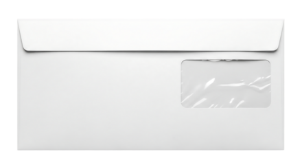 White DL mailing envelope with a transparent window, sealed flap, back view. Isolated on transparent background, png