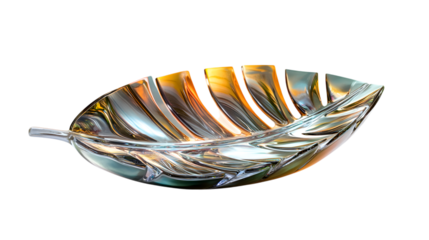 Elegant leaf shaped glass bowl gleaming with light perfect for upscale home decor accents or artistic presentations isolated on white background 