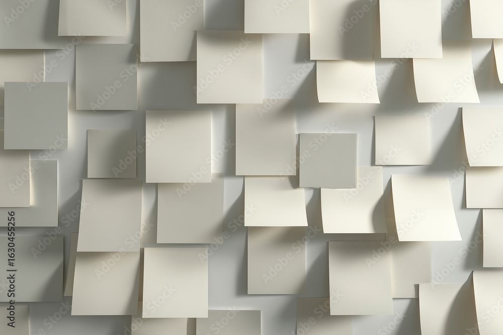Poster a white background with white squares. the squares are all different sizes and are not perfectly ali