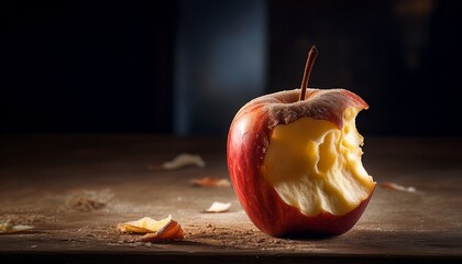 a half eaten apple on a dusty table symbolizing life paused