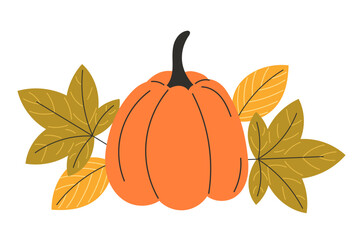Cute Autumn Composition with Orange Pumpkin and Fall Leaves Flat Style Seasonal Harvest Vector Illustration for Cozy Fall Designs