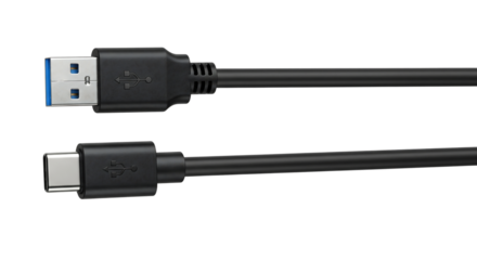 Black USB A to USB C cable for data transfer and charging, top view. Isolated on transparent background, png