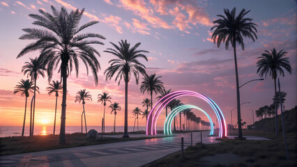 Tropical beach sunset palm trees neon arches summer vacation travel destination scenic landscape wallpaper