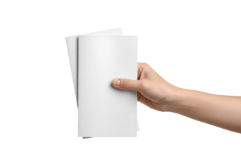 Hand holding two blank white tri fold brochures or flyers for mockup. Isolated on transparent background, png