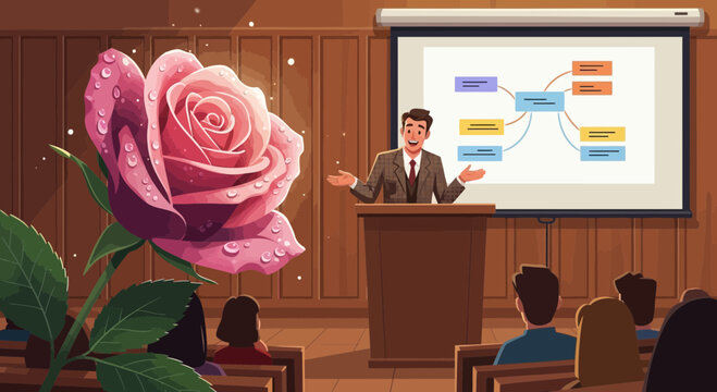 A charming cartoon illustration blending professional setting with a beautiful rose accentuation