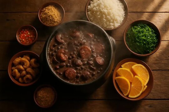 Brazilian feijoada simmering in a large black pot feijoada bubbling in the pan