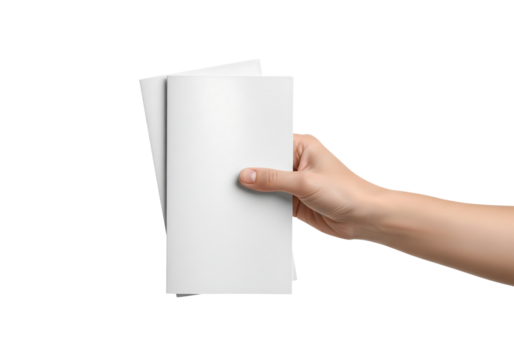 Hand holding two blank white tri fold brochures or flyers for mockup. Isolated on transparent background, png