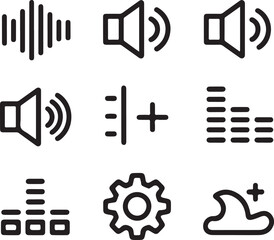 Sound and Audio Concept Icons Sound Waves, Volume Symbol, Mute, Equalizer Bars, Audio Settings, and Bass Boost