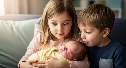 Newborn baby siblings love family care childhood brother sister kids children babyhood innocence together 100