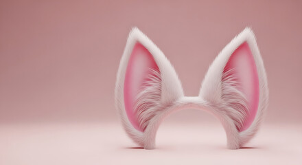 Fluffy white cat ears headband on pastel pink background with aesthetic composition and whimsical