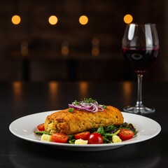 Gourmet golden fried dish with fresh salad and red wine.