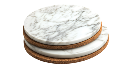Elegant marble coasters with cork bases offer a stylish and functional tabletop protection solution isolated on white background 
