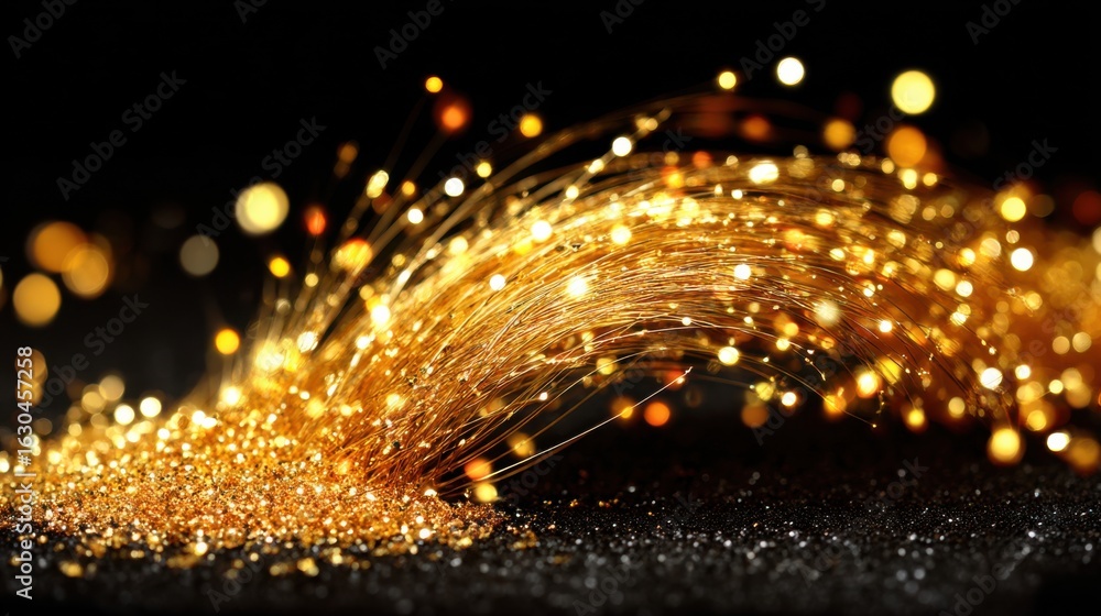 Poster golden sparkling light trails creating dynamic movement against a dark background