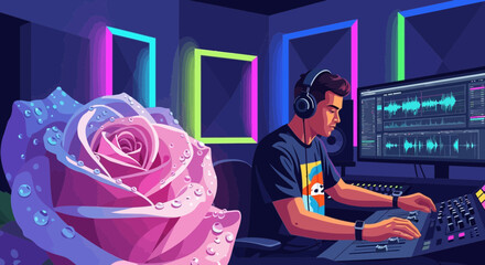 Vibrant Music Production Illustration featuring a DJ, Rose, and Neon Lights creating an energetic