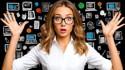 Woman with glasses looking surprised with hands raised in front of a blackboard filled with doodles of computers, books, and communication icons
