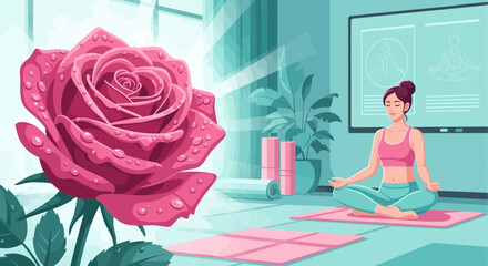 Illustration combining the serenity of yoga with the beauty of a blooming rose