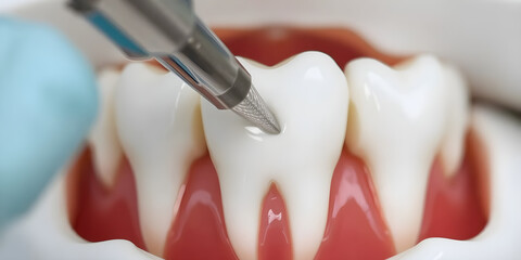 A dental drill is positioned over a pristine white tooth, highlighting the importance of dental procedures in maintaining oral health and hygiene
