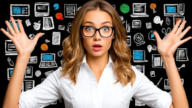 Woman with glasses looking surprised with hands raised in front of a blackboard filled with doodles of computers, books, and communication icons