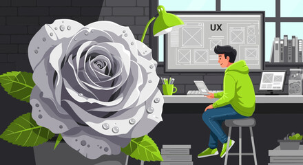 A serene workspace blending nature and technology featuring a designer and a rose