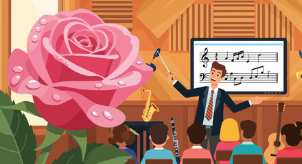 Illustration of a music teacher giving a lesson to students in a classroom setting with musical