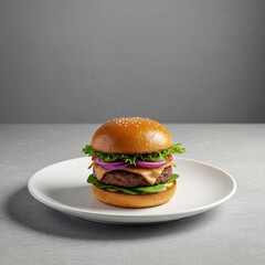 Classic Cheeseburger with Fresh Ingredients on a White Plate.