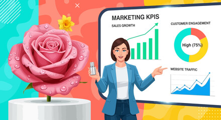 Digital marketing presentation with a woman showcasing sales growth and beauty product