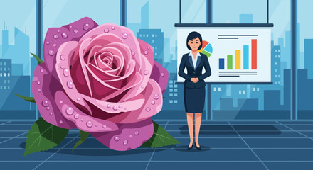 Businesswoman presenting data analysis with a large rose in the foreground representing growth and