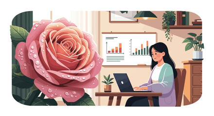 Woman working from home with a laptop and a rose in the foreground adding a touch of beauty