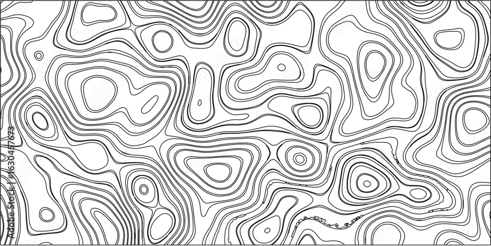 Poster abstract topographic contour map illustrating terrain elevation variations in a black and white mini