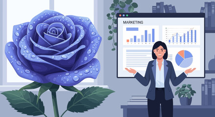 Professional woman presenting marketing data with a beautiful rose illustration indoors