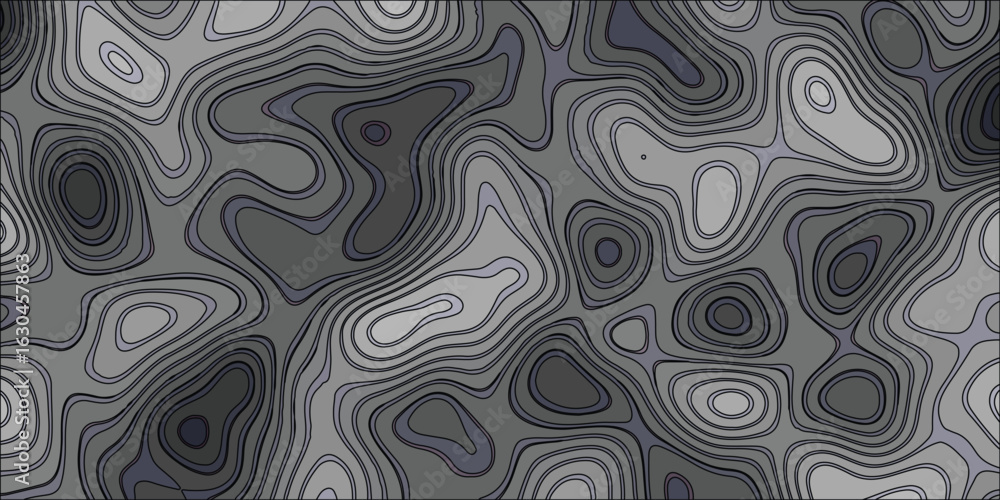 Poster abstract topographic or geographic map illustration with layered grayscale contour lines featuring a