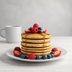Golden Pancakes Topped with Fresh Berries and Maple Syrup.