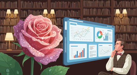Elegant Cartoon Image of Financial Analysis with Rose and a Library Backdrop