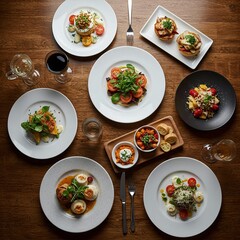 Diverse selection of gourmet meals on a rustic wooden table.