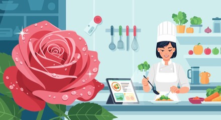 A harmonious blend of culinary artistry and natural beauty featuring a female chef and a radiant