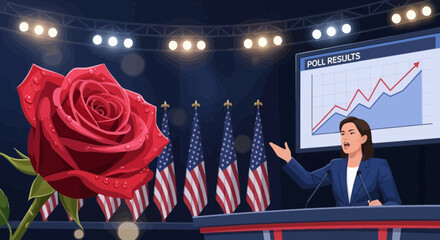 Political speech at a rally with a confident speaker and rising poll results