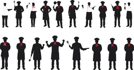 Chef silhouettes posing with cooking utensils, wearing red neckerchiefs, professional kitchen staff artwork, culinary team image for Adobe Stock.