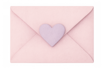 Pink envelope sealed with purple heart-shaped wax stamp, representing romantic feelings, against transparent backdrop
