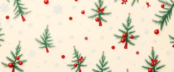 Cream background featuring a festive Christmas tree pattern adorned with snowflakes and ornaments,  backdrop,  design