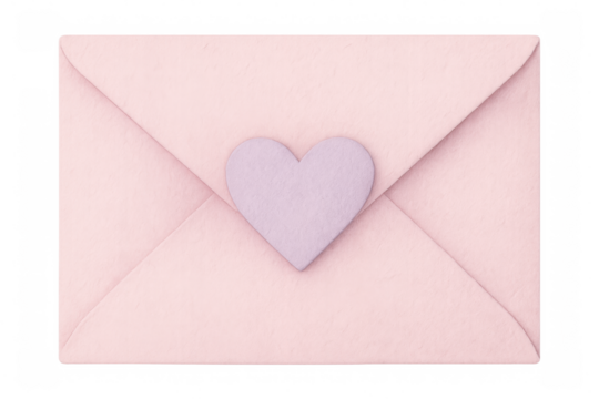 Pink envelope sealed with purple heart-shaped wax stamp, representing romantic feelings, against transparent backdrop - Powered by Adobe