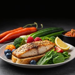 Seared Fish Meal with Colorful Fresh Fruits and Vegetables.