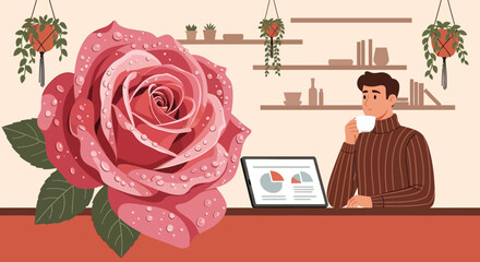Illustration of a man working from home with rose and indoor plants decoration