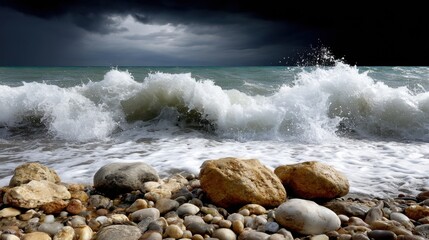 Dark stormy sky over turbulent ocean waves crashing onto rocky shoreline with large stones and pebbles