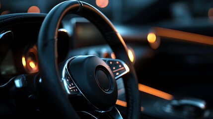 Close-up of a sleek car steering wheel with luxurious detailing and ambient lighting, creating a modern and sophisticated atmosphere.
