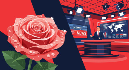 Vector Illustration Juxtaposing the Beauty of a Rose with the Reality of News