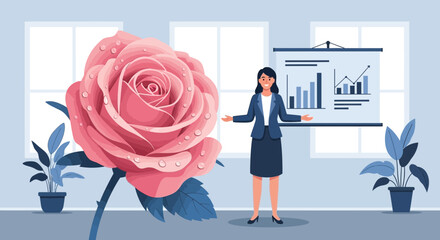 Businesswoman presenting positive financial growth surrounded by nature beauty