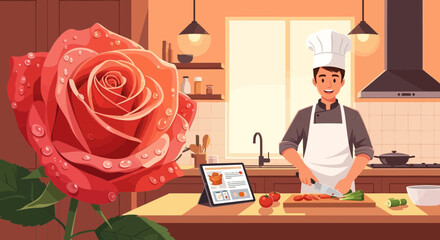 Illustration of chef preparing food in kitchen with digital recipe and rose