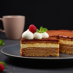 Decadent layered cake slice with raspberry, cream, and mint.